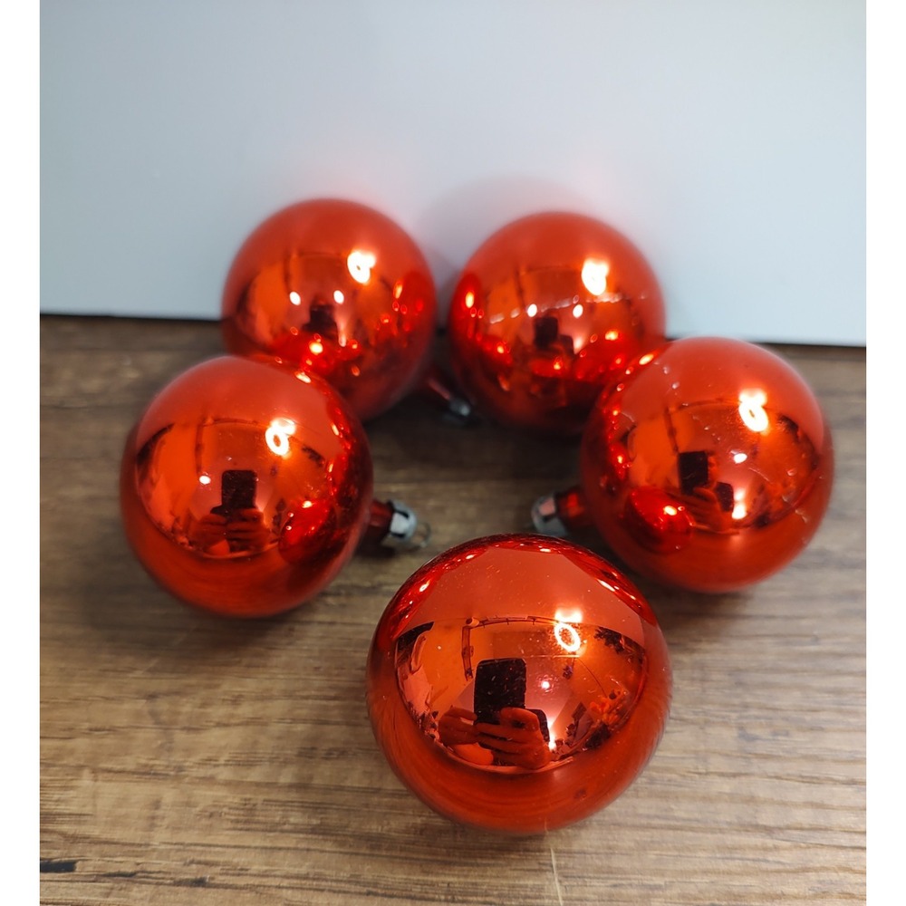 VINTAGE LOT OF 5 GLOSSY RED MADE IN POLAND MERCURY GLASS CHRISTMAS ORNAMENT A11